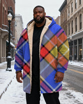 Big & Tall Men's Classic Geometric Blue Plaid Printed Velvet Thickened Long Hooded Coat